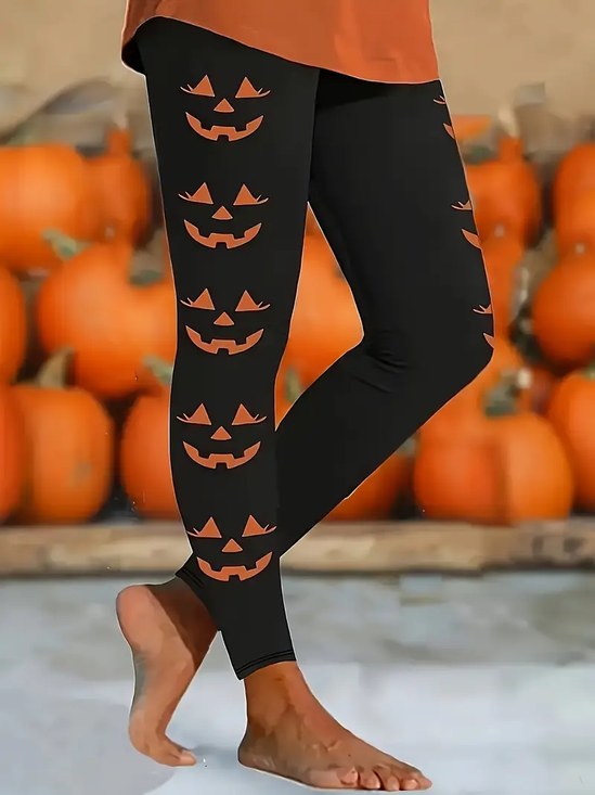 Women Halloween (pumpkin) Jersey Casual Printing Leggings Daily All Season Legging