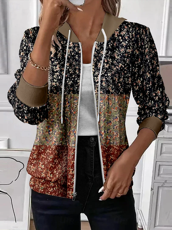 Women Floral Hoodie Zip Up Hoodie Long Sleeve Casual Printing Spring/Fall Daily Jacket Outerwear