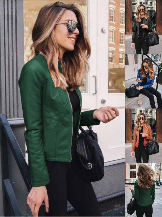 Women Plain PU Stand Collar Bomber Jacket Long Sleeve Vintage Split Joint Spring/Fall Party Jacket Outerwear