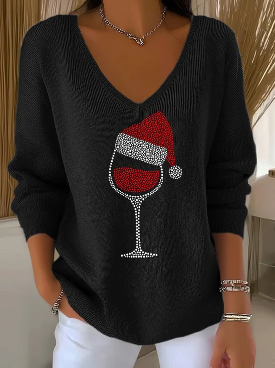 Women Christmas V Neck Long Sleeve Casual Daily Spring/Fall T-shirt