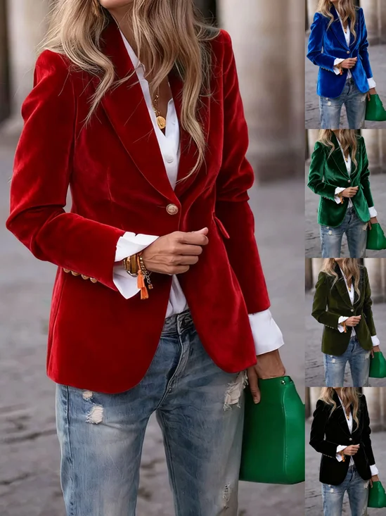 Women Plain Lapel Collar Long Sleeve Vintage Split Joint Spring/Fall Daily Blazer Outerwear