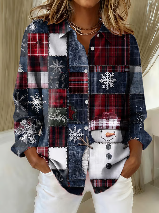 Women Christmas Snowman Shirt Collar Long Sleeve Casual Daily Spring/Fall Shirt