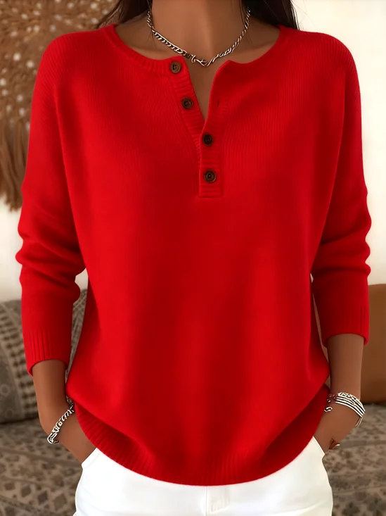 Women Plain Henley Collar Cotton Long Sleeve Casual Daily Spring/Fall Sweater