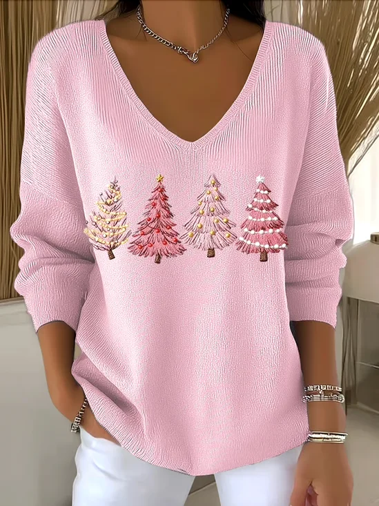 Women Plants V Neck Cotton Long Sleeve Casual Daily Spring/Fall Sweater