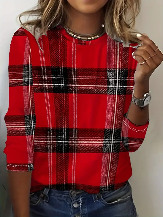 Women Plaid Crew Neck Jersey Long Sleeve Casual Daily Spring/Fall T-shirt