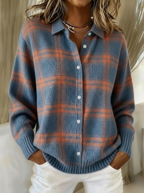 Women Plaid Shawl Collar Long Sleeve Vintage Daily Spring/Fall Cardigan
