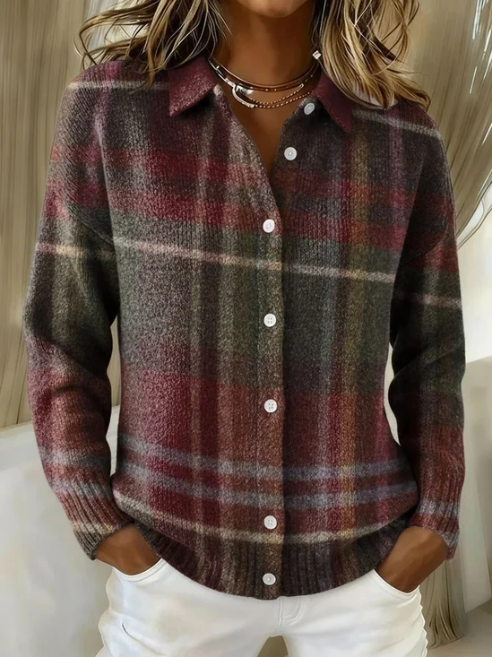 Women Plaid Shawl Collar Long Sleeve Vintage Daily Spring/Fall Cardigan