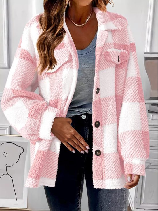 Women Color Block Cotton Shawl Collar Flannel Jacket Long Sleeve Vintage Printing Spring/Fall Commuting Jacket Outerwear