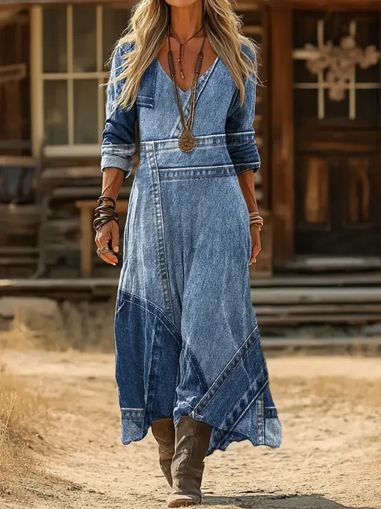Women Faux Denim Print Graphic V Neck Printing Vintage Spring/Fall Daily Maxi H-Line Dress