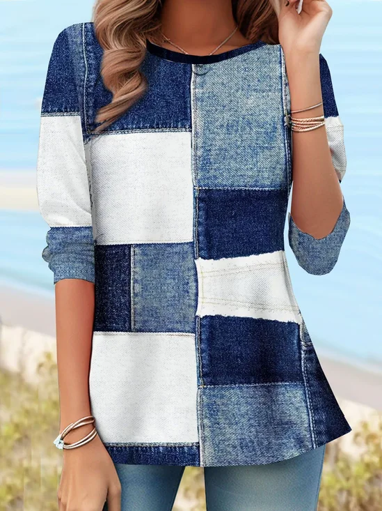 Women Faux Denim Print Graphic Crew Neck Jersey Long Sleeve Casual Daily Spring/Fall T-shirt