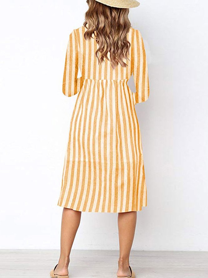 V Neck Stripes Button Long Sleeve Dress
