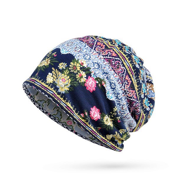Retro Floral Print Cotton Beanie Hat