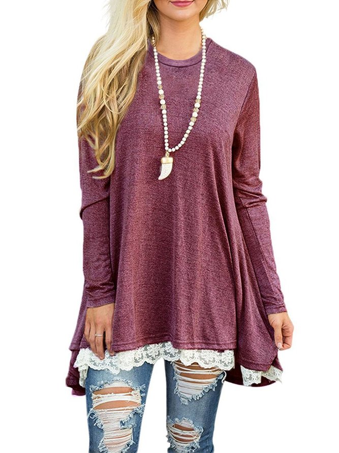 Crew Neck Long Sleeve Solid Blouses&shirts