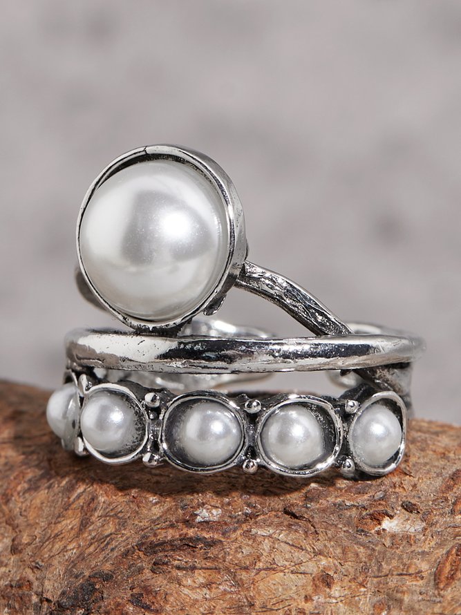 Vintage Silver Distressed Pearl Open Ring