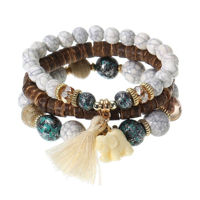 3 Pcs/set Bohemian Multilayer Beads Bracelet Wood Elastic Bracelet with