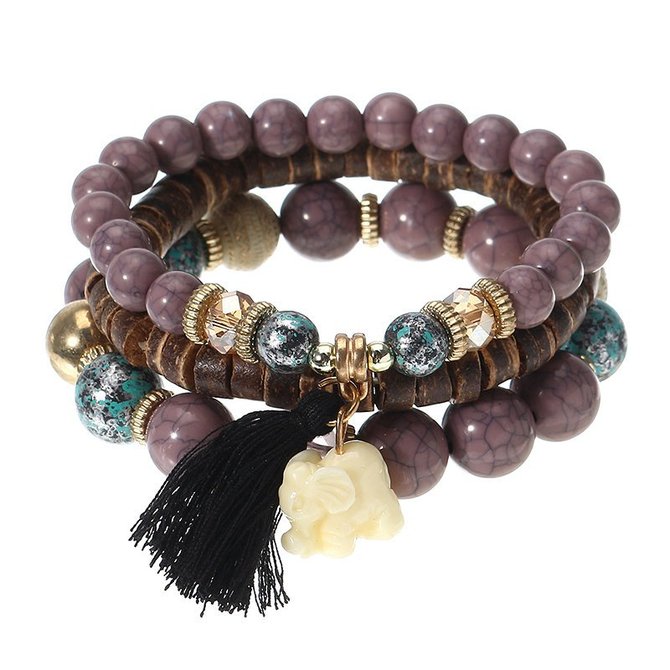 3 Pcs/set Bohemian Multilayer Beads Bracelet Wood Elastic Bracelet with
