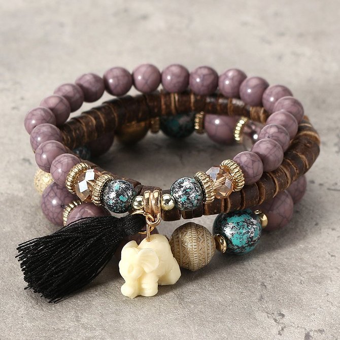 3 Pcs/set Bohemian Multilayer Beads Bracelet Wood Elastic Bracelet with