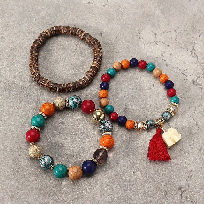 3 Pcs/set Bohemian Multilayer Beads Bracelet Wood Elastic Bracelet with