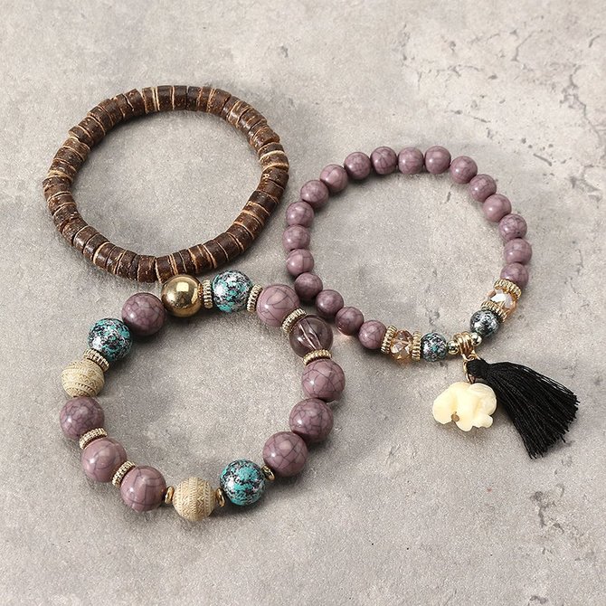 3 Pcs/set Bohemian Multilayer Beads Bracelet Wood Elastic Bracelet with