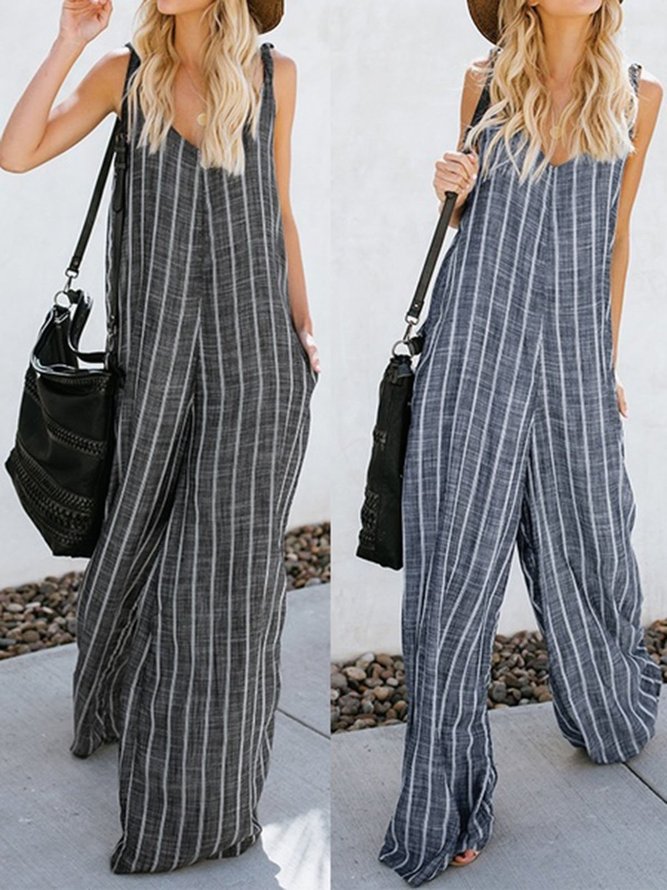 Stripe VNeck Overalls Casual Wide Leg Jumpsuits anniecloth