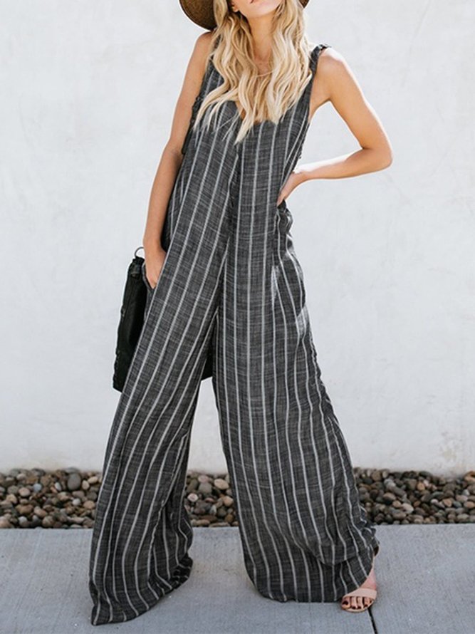 Stripe VNeck Overalls Casual Wide Leg Jumpsuits anniecloth