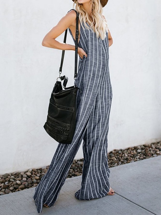 Stripe VNeck Overalls Casual Wide Leg Jumpsuits anniecloth