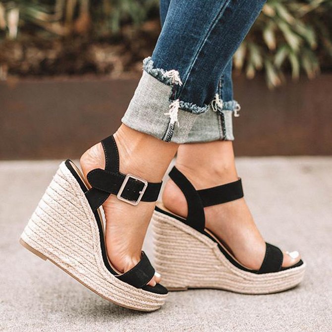 Women Elegant Adjustable Buckle Espadrille Wedges Sandals | Shoes | anniecloth Shoes Camel Open 