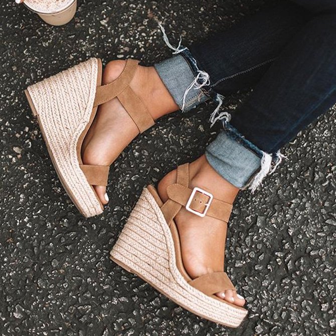 Women Elegant Adjustable Buckle Espadrille Wedges Sandals | Shoes | anniecloth Shoes Camel Open 