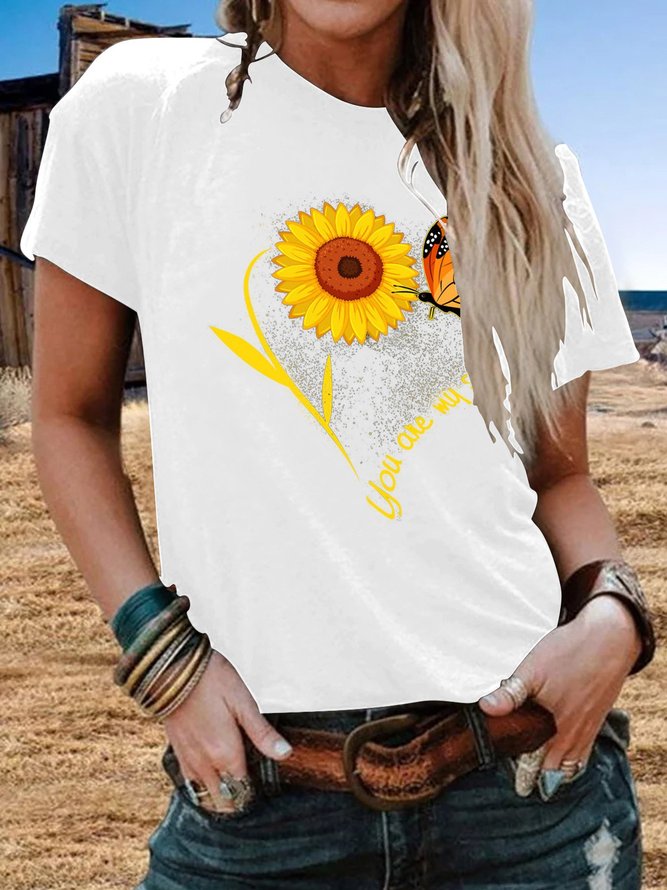 Short Sleeve Sunflower Casual Crew Neck Cotton T-shirt