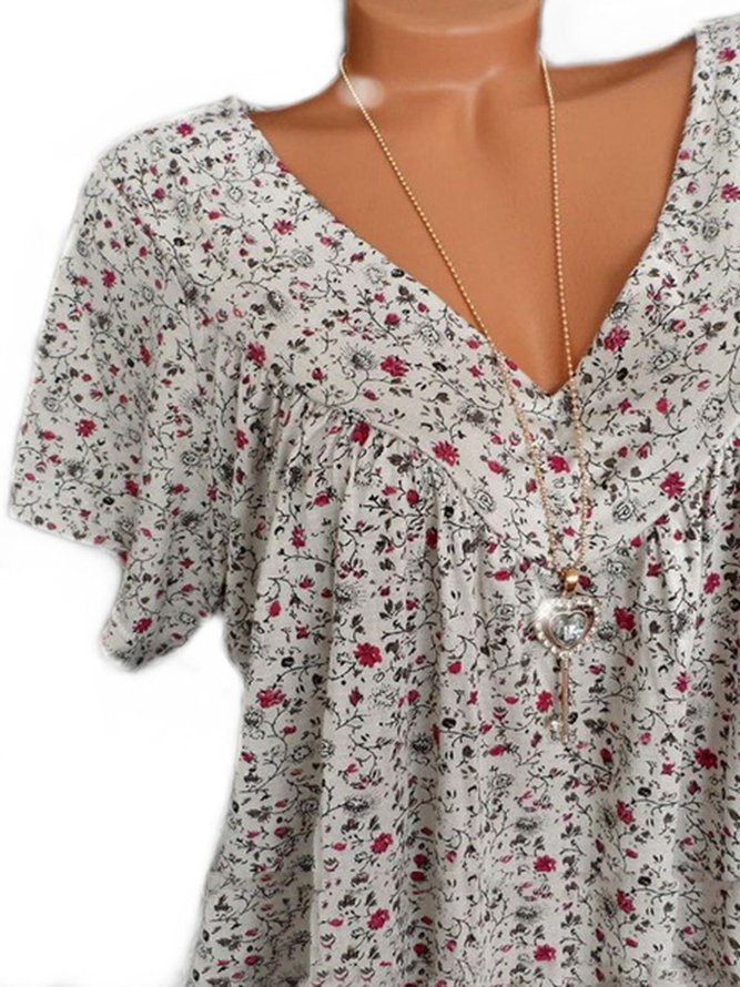 Casual V Neck Floral Short Sleeve Shirts & Tops