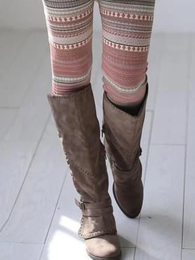 Multicolor Casual Patchwork Cotton-Blend Color-Block Leggings