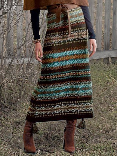 Brown A-Line Vintage Printed Tribal Skirt