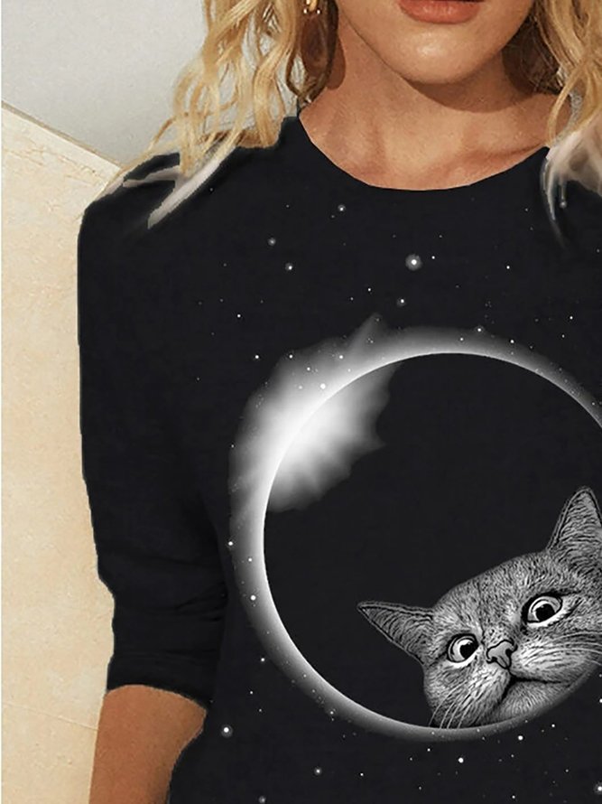 Cat Print Galaxy Round-neck Long Sleeve T-shirt