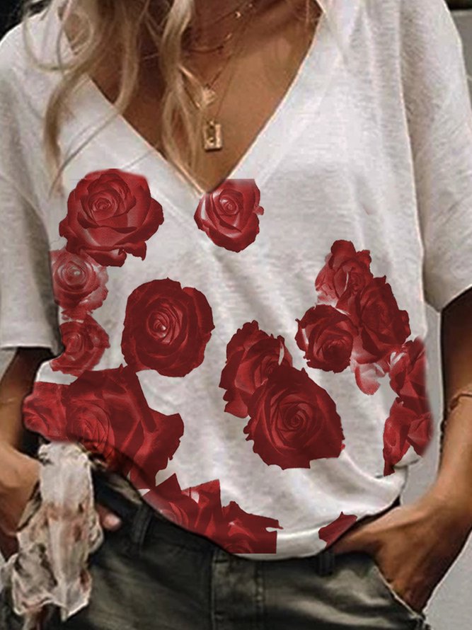 Short Sleeve Floral-printed V Neck T-shirt