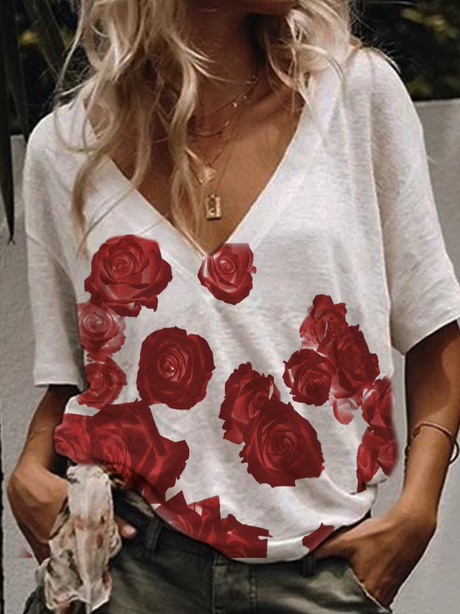 Short Sleeve Floral-printed V Neck T-shirt