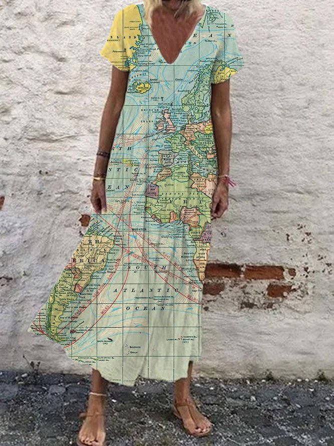 Casual Printed Maxi Map Dress anniecloth