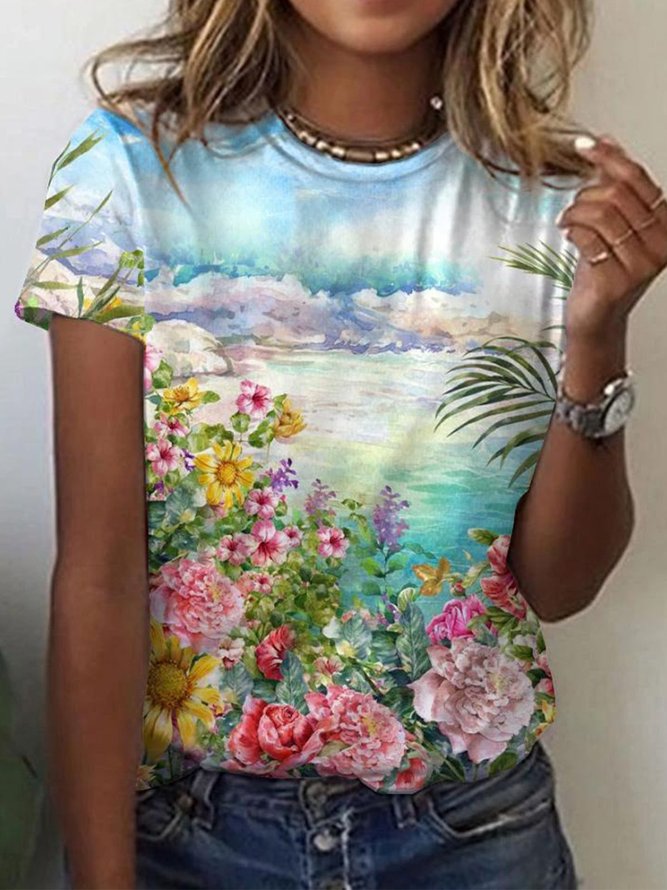 Casual FloralPrint Floral Tshirt anniecloth