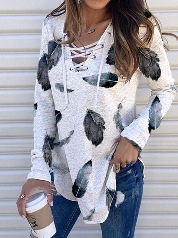 V Neck Long Sleeve Cotton-Blend Lace-Up Shirts & Tops