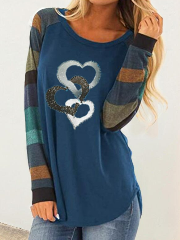Color Block Heart Print Round Neck Long Sleeves T-shirts