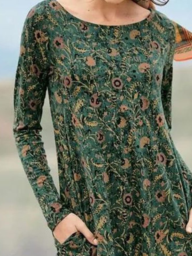Long sleeved round neck retro family style cashew blossom elastic knitted dress