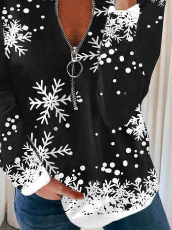Christmas Snowflake V-neck Long Sleeve Sweatshirt