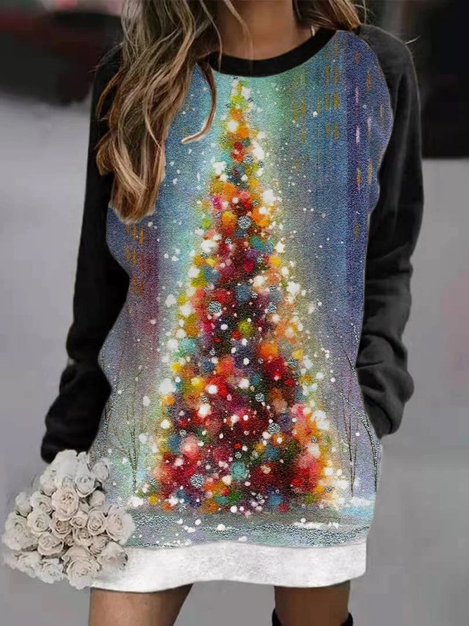 Christmas Tress Print Casual Raglan Sleeve Mini Dresses