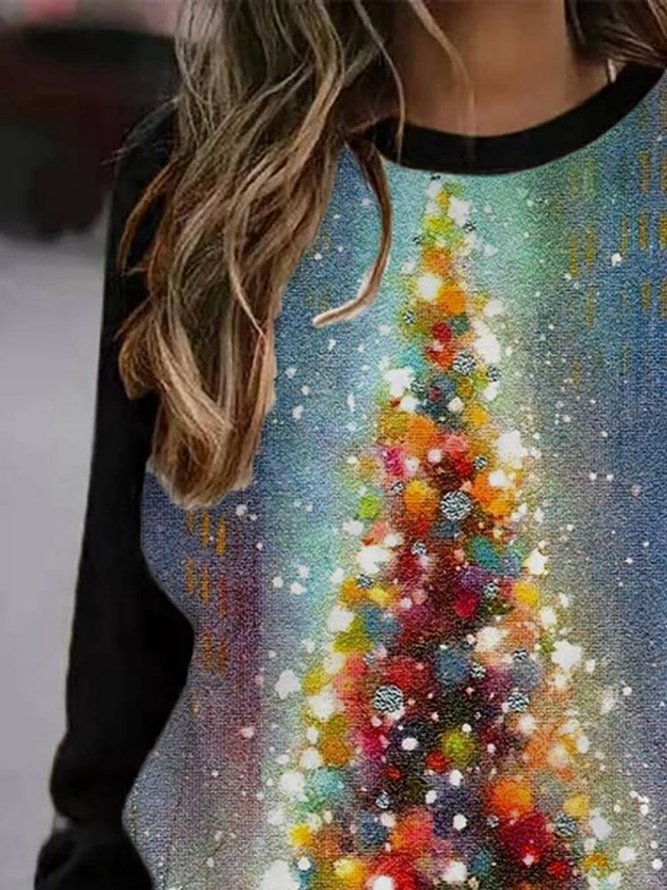 Christmas Tress Print Casual Raglan Sleeve Mini Dresses