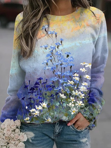 ANNIECLOTH Round Neck Casual Floral Loosen Sweatshirt