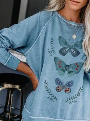 Crew Neck Butterfly Raglan Sleeve Cotton Blends Sweatshirt
