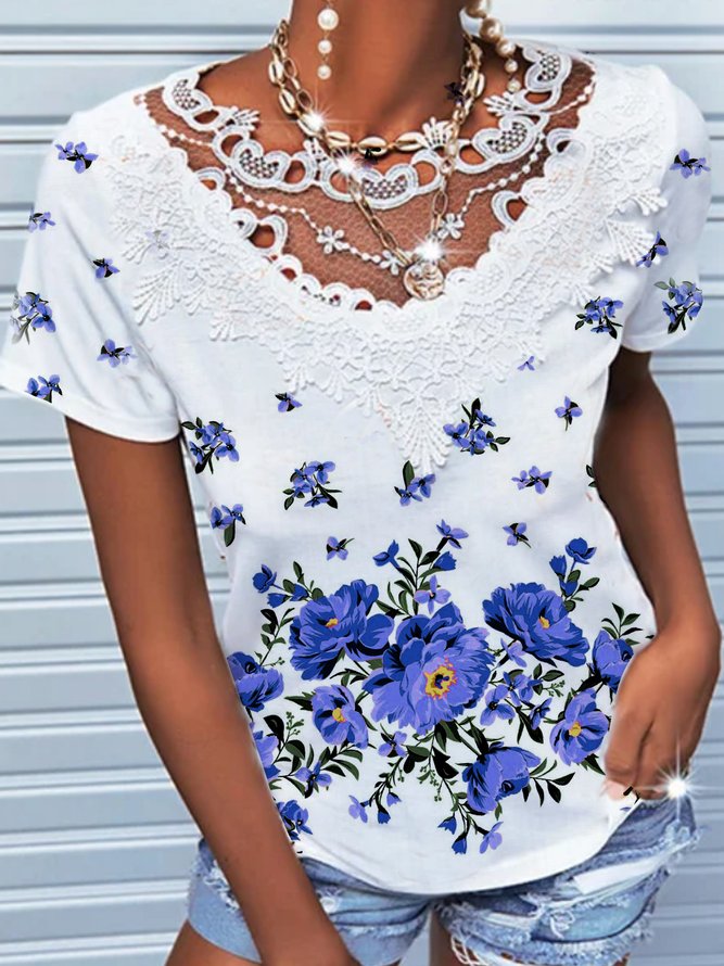 Long sleeve round neck geometric gradient flower lace Resort Floral Crew Neck Cotton Blends Shirts & Tops