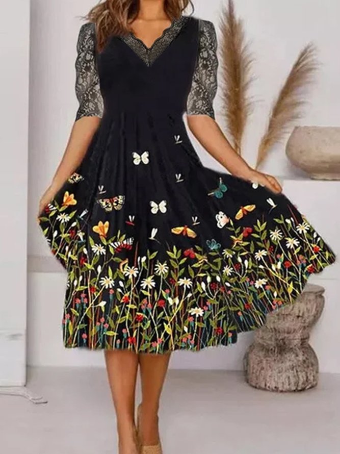 Lace Patchwork Floral Print Design New Designer Comfortable A Swing Dress