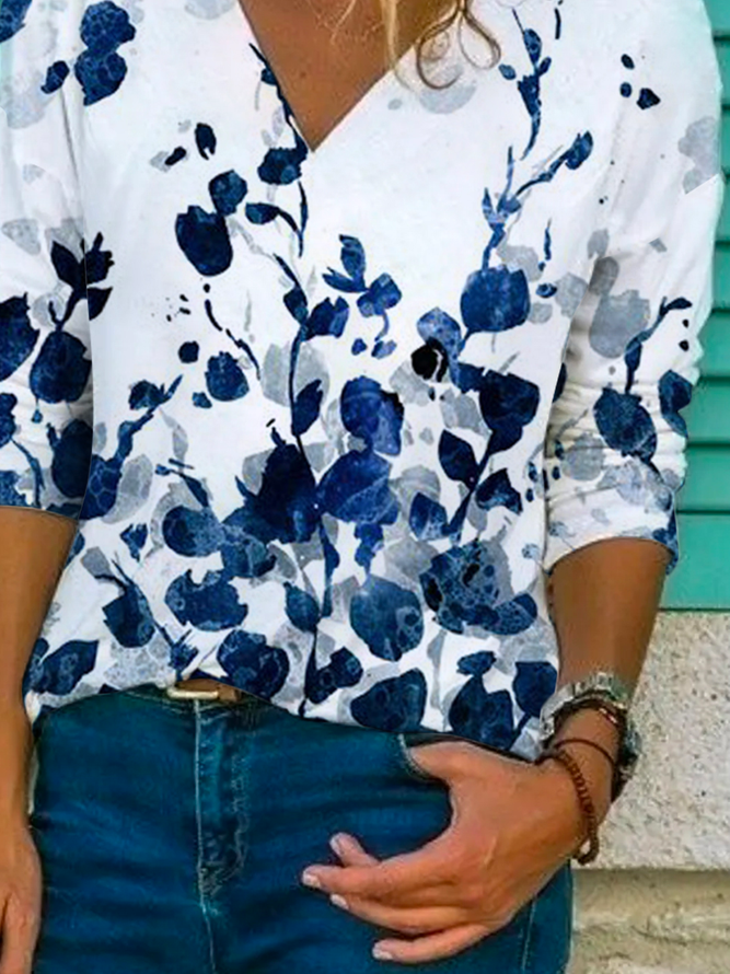 Women's Long Sleeve Casual Floral V-Neck T-Shirts Top