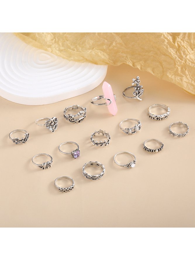 15Pcs Pink Gemstone Flower Shape Diamond Ring Set