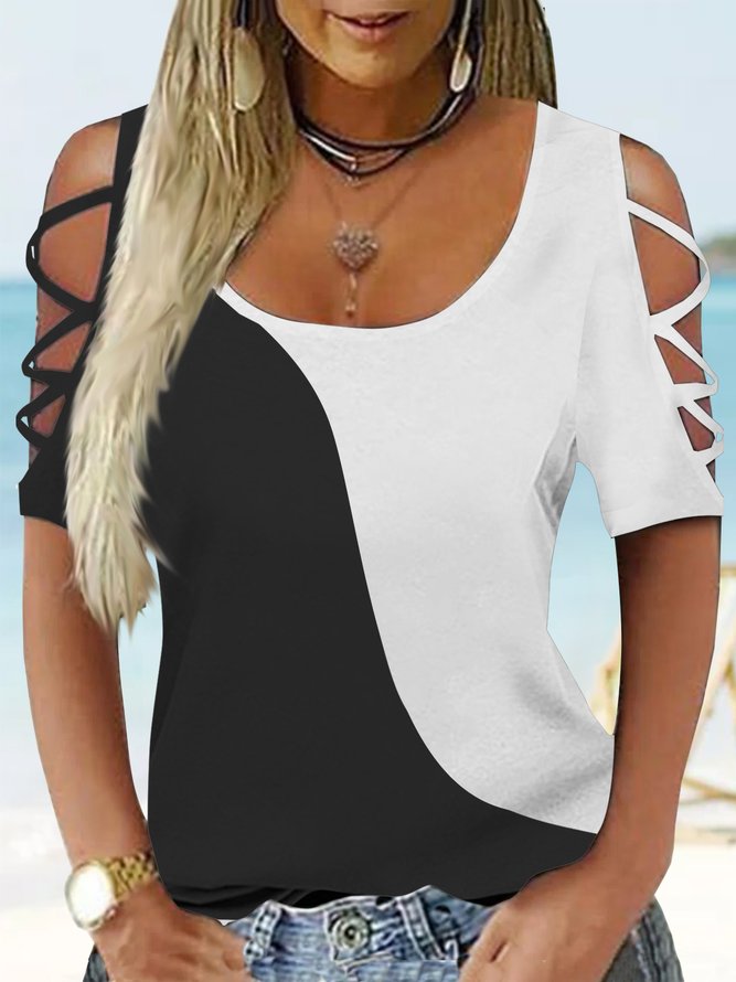 Black and white classic color contrast design sense off shoulder fit holiday top T-shirt plus size